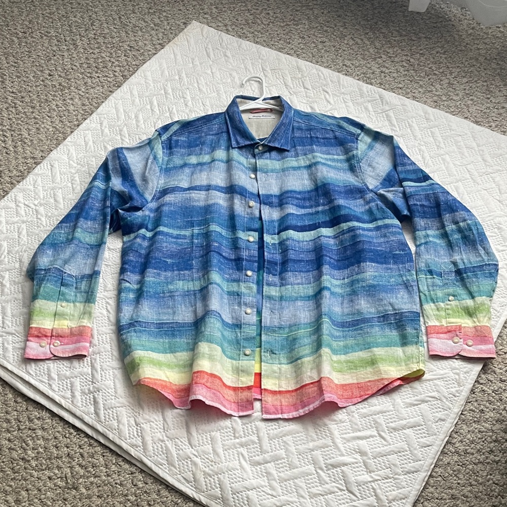 Tommy Bahama Blue and Pink Striped Men's Shirt